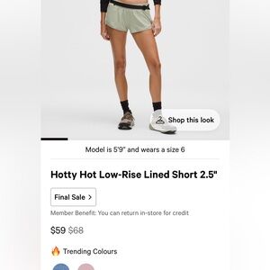 lululemon athletica Hotty Hot Shorts, 2.5”, Fog Green, size 6, EUC